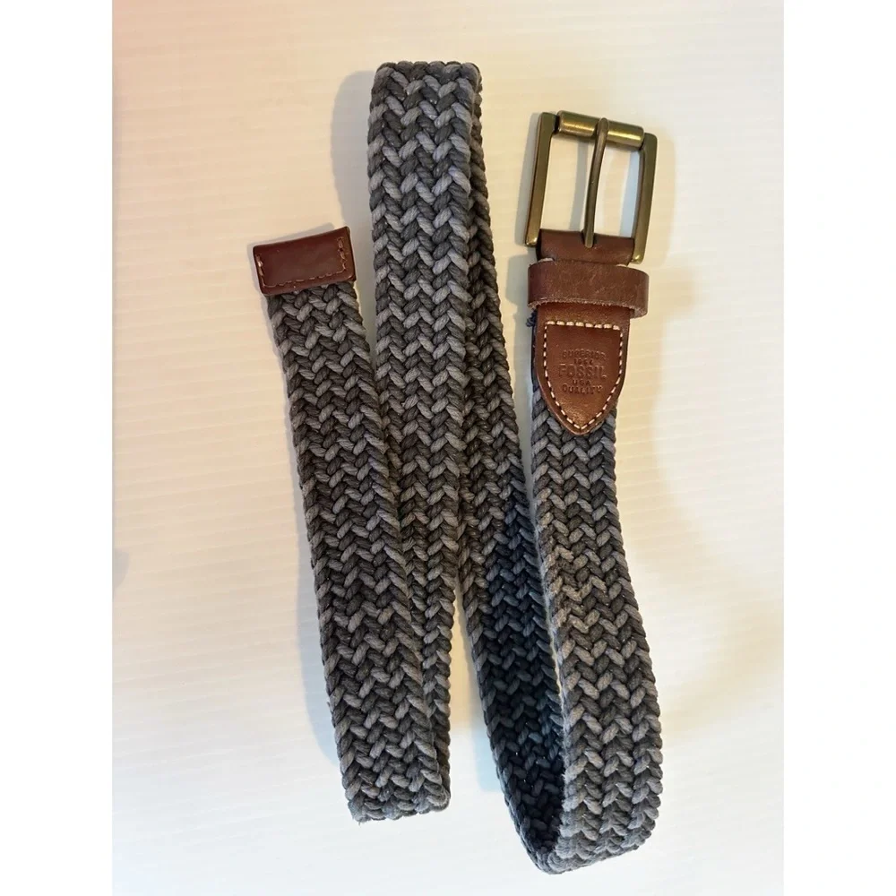 Fossil Mens Braided Belt Blue With Brown Leather Accents Size 85/34 Preppy